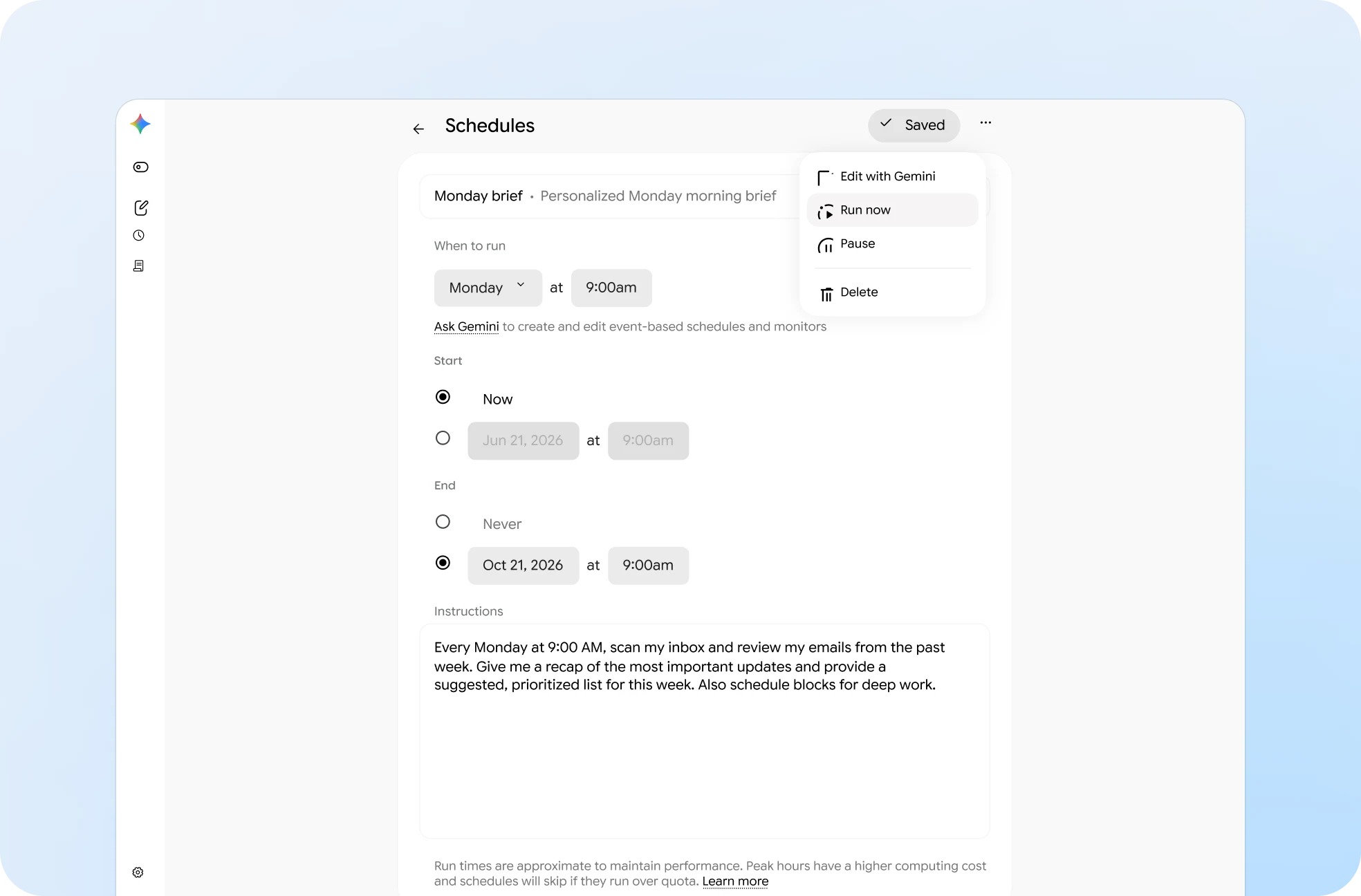 Esempio di Schedule in Gemini Spark