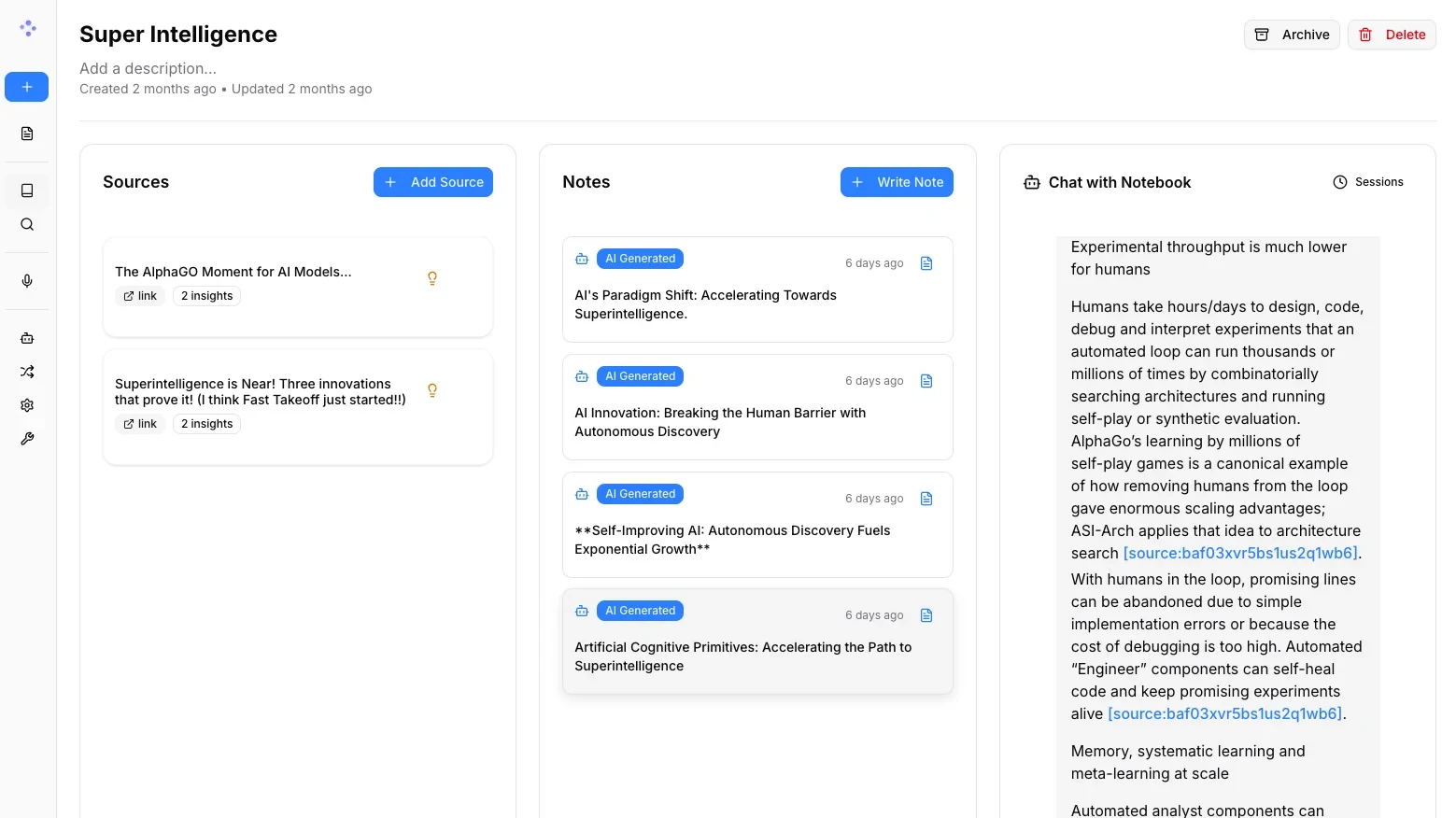 Open Notebook interface showing document sources and research workspace