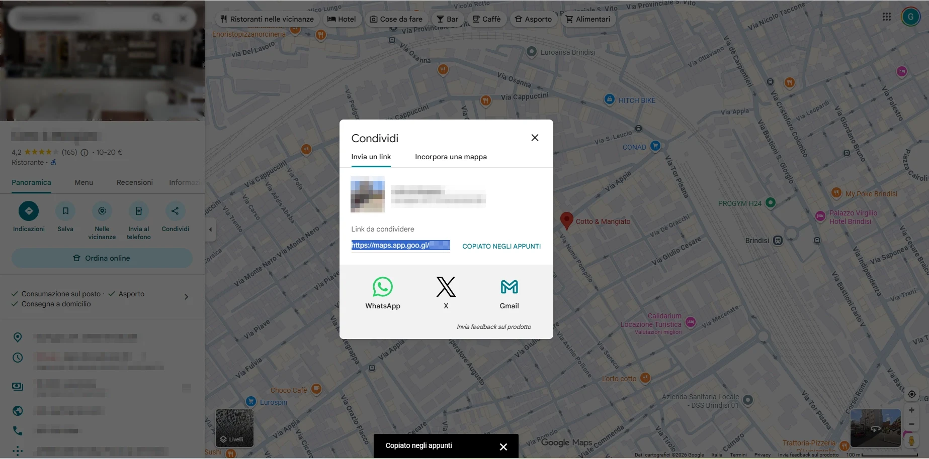 Schermata di una scheda Google Maps di un'attività locale da cui estrarre i dati per la SEO e il design della landing page.