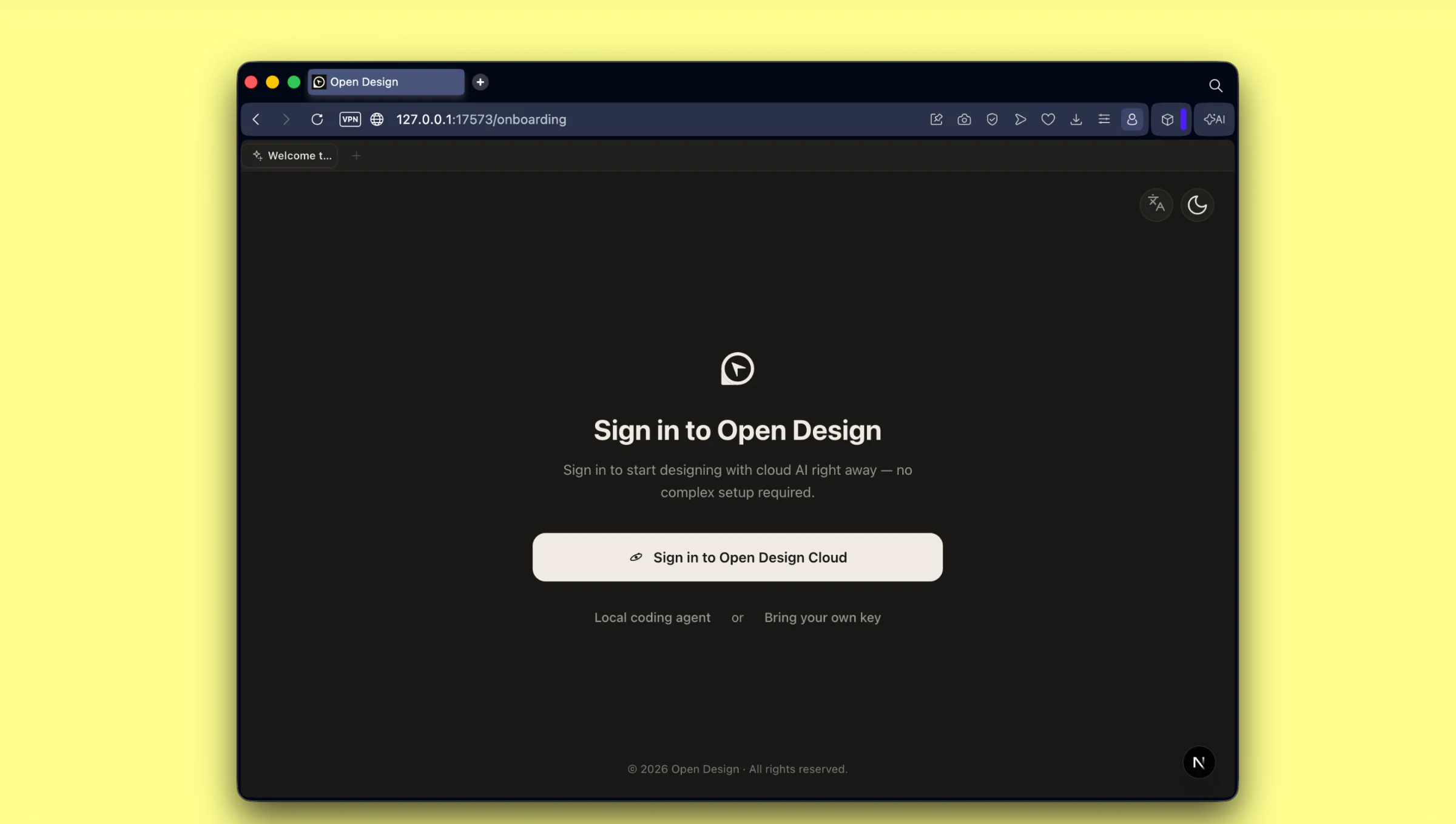 Schermata di login e onboarding di Open Design