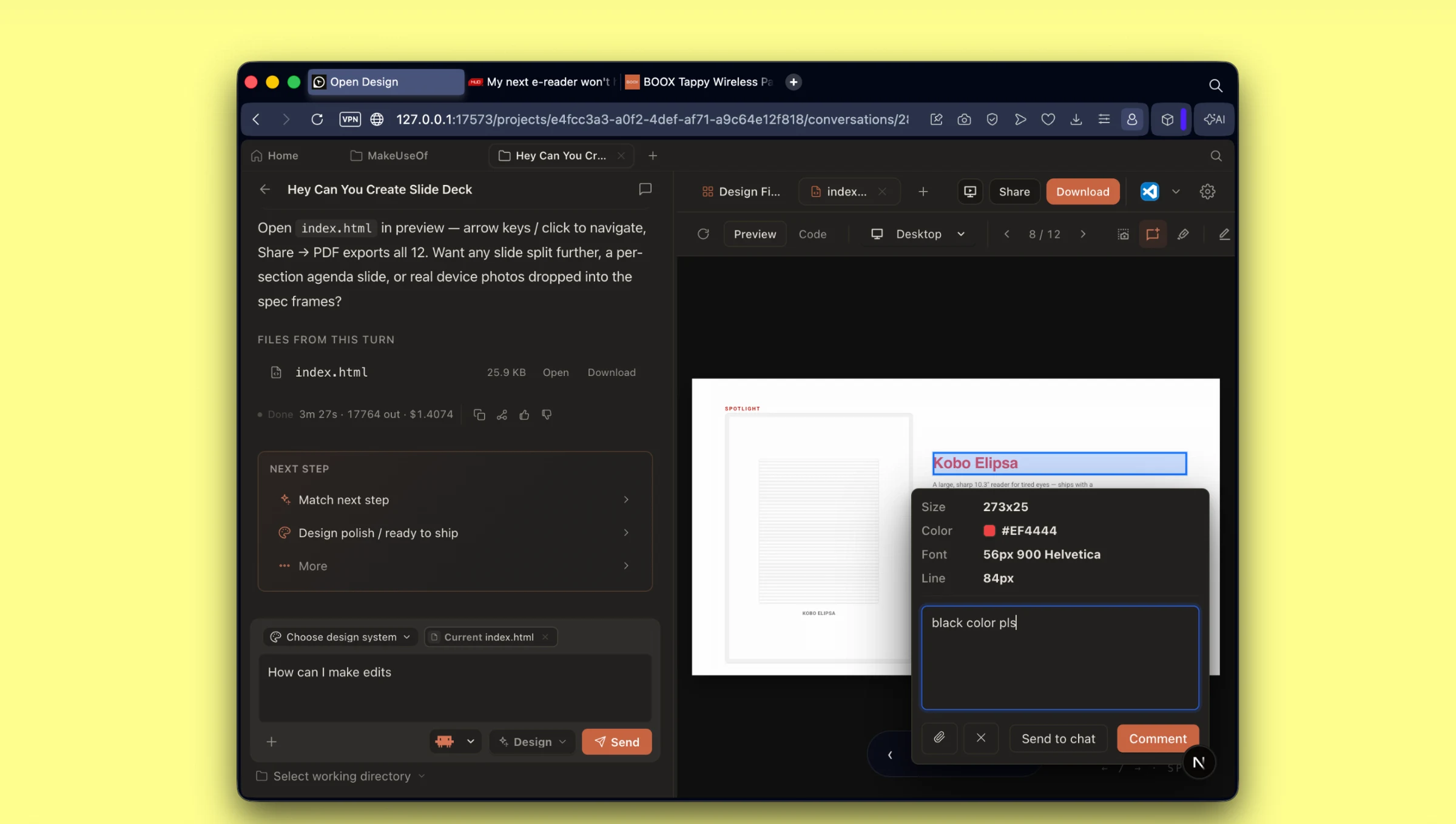 Ispettore di modifica degli elementi in Open Design